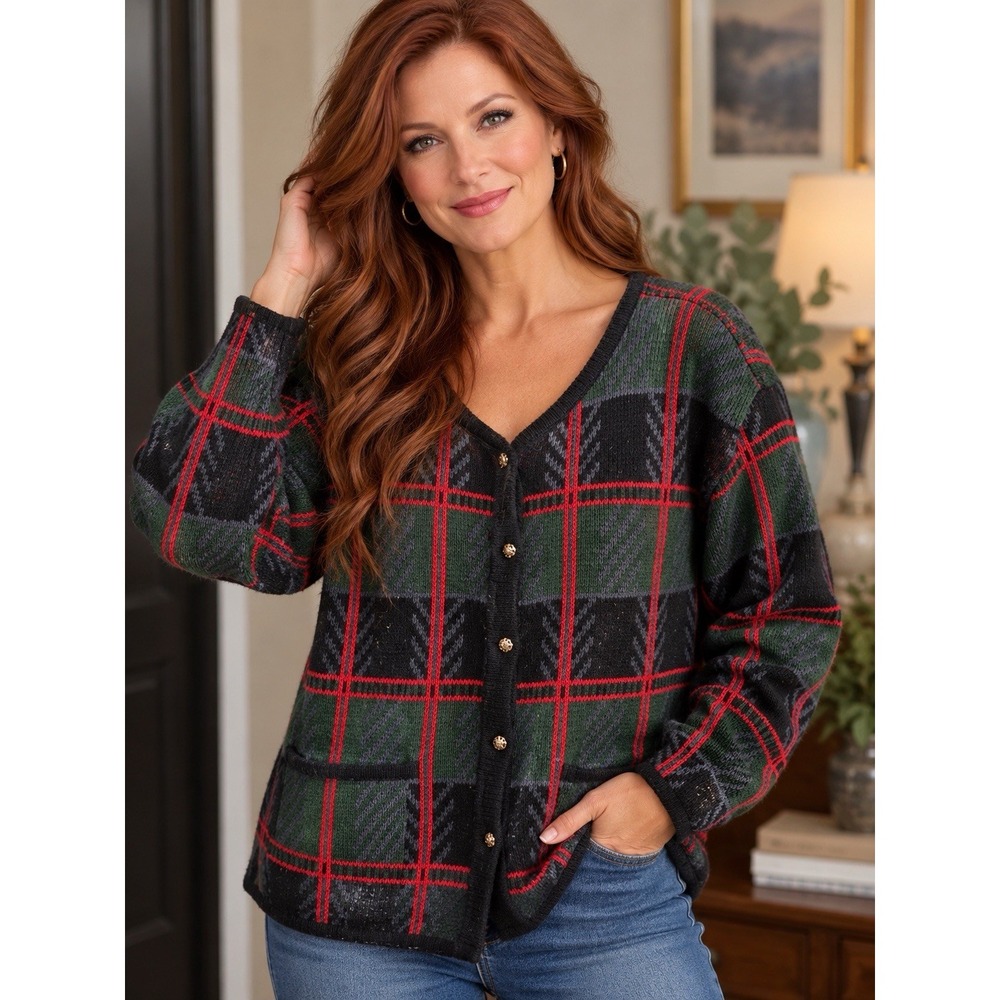 Liz Baker Vintage 90s Women's Plaid Cardigan Sweater XL Green Black Red